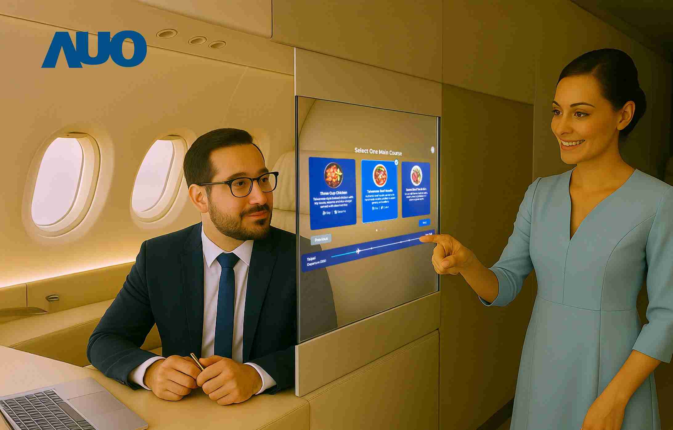 彩神vll研发全球最薄17.3 吋双面透明 Micro LED 显示器，，可在同一屏幕之双边投射不同信息，，，，创造独特的”透明化”互动；图为实时翻译交流应用情境